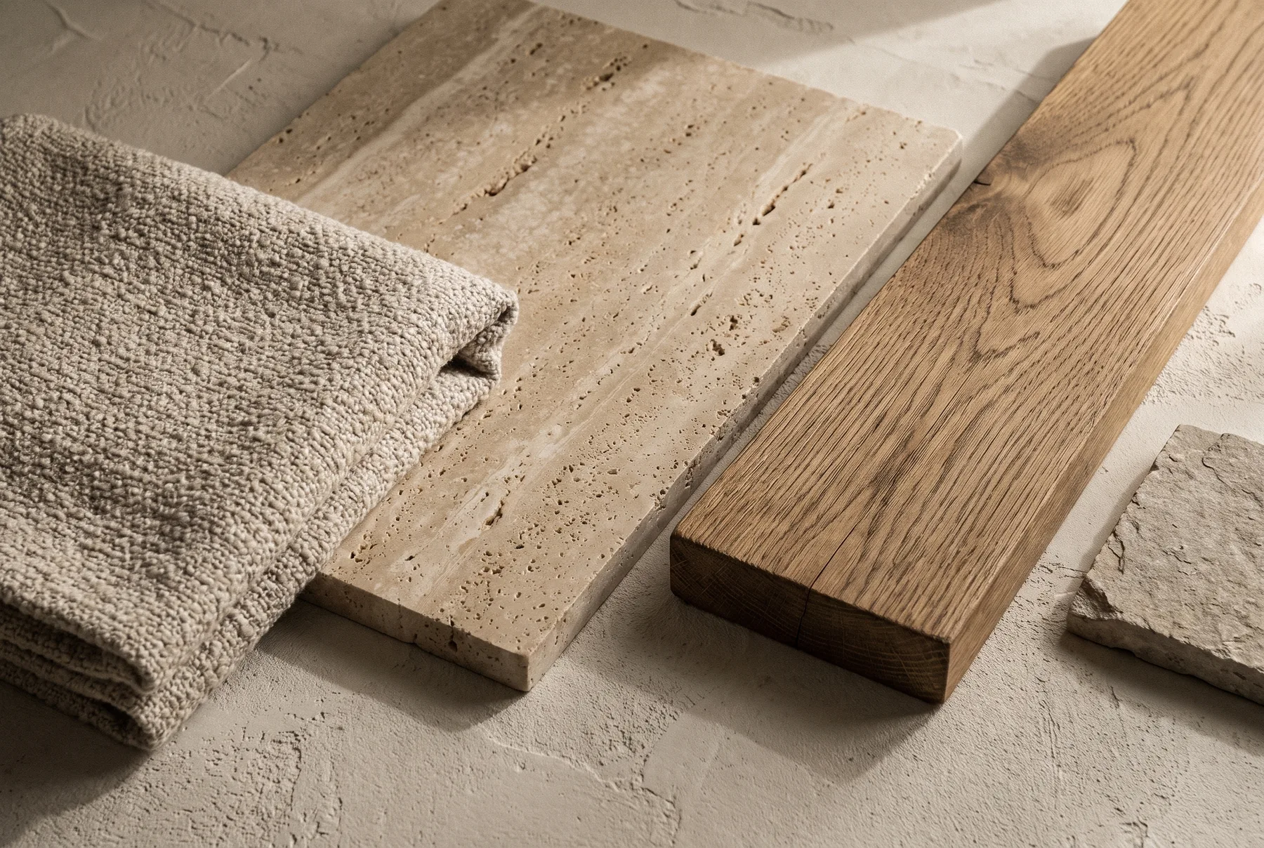 Materiaalstalen: wol, travertin en massief eiken op kalkpleister