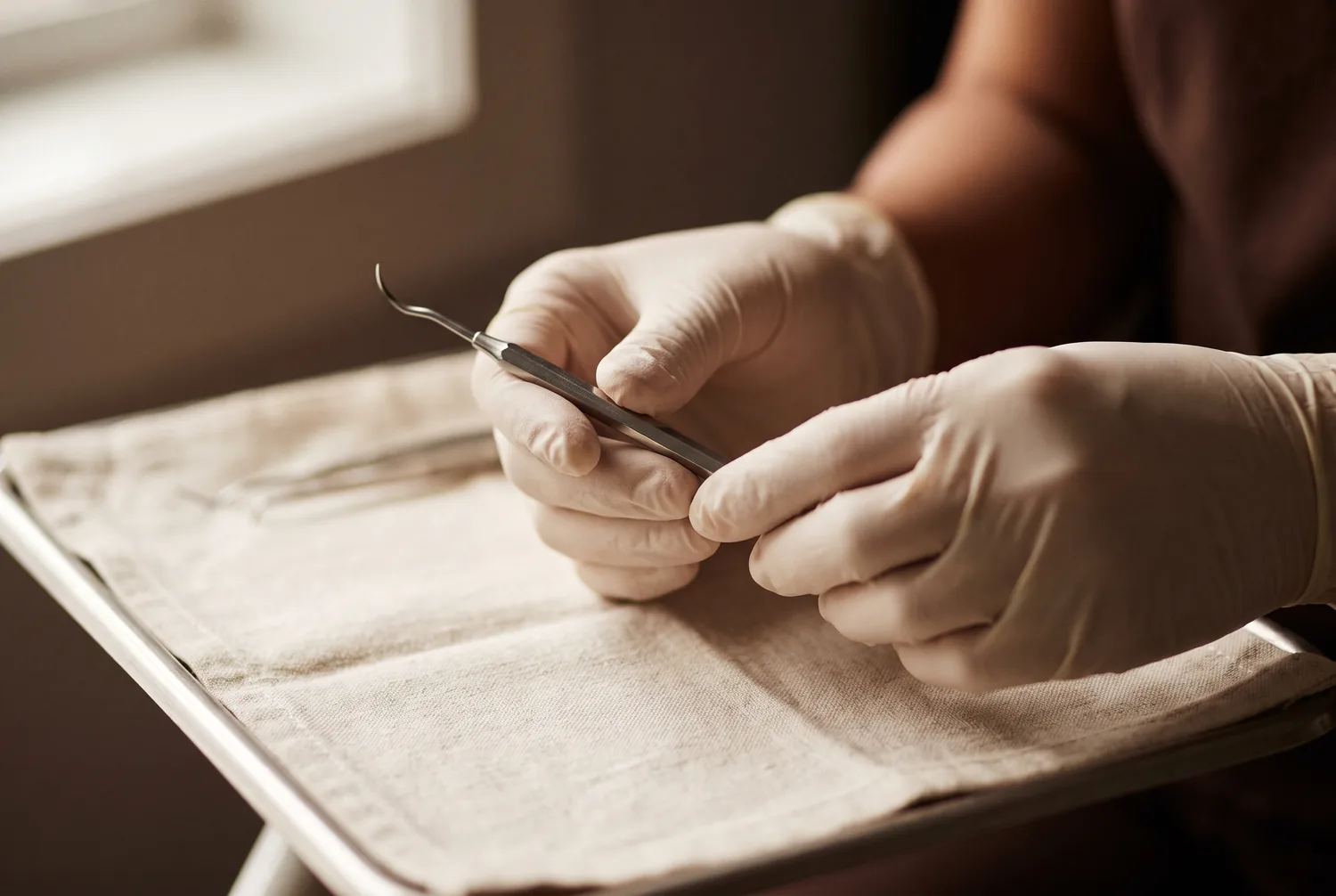 Handen in handschoenen met een fijn instrument boven een linnen tray