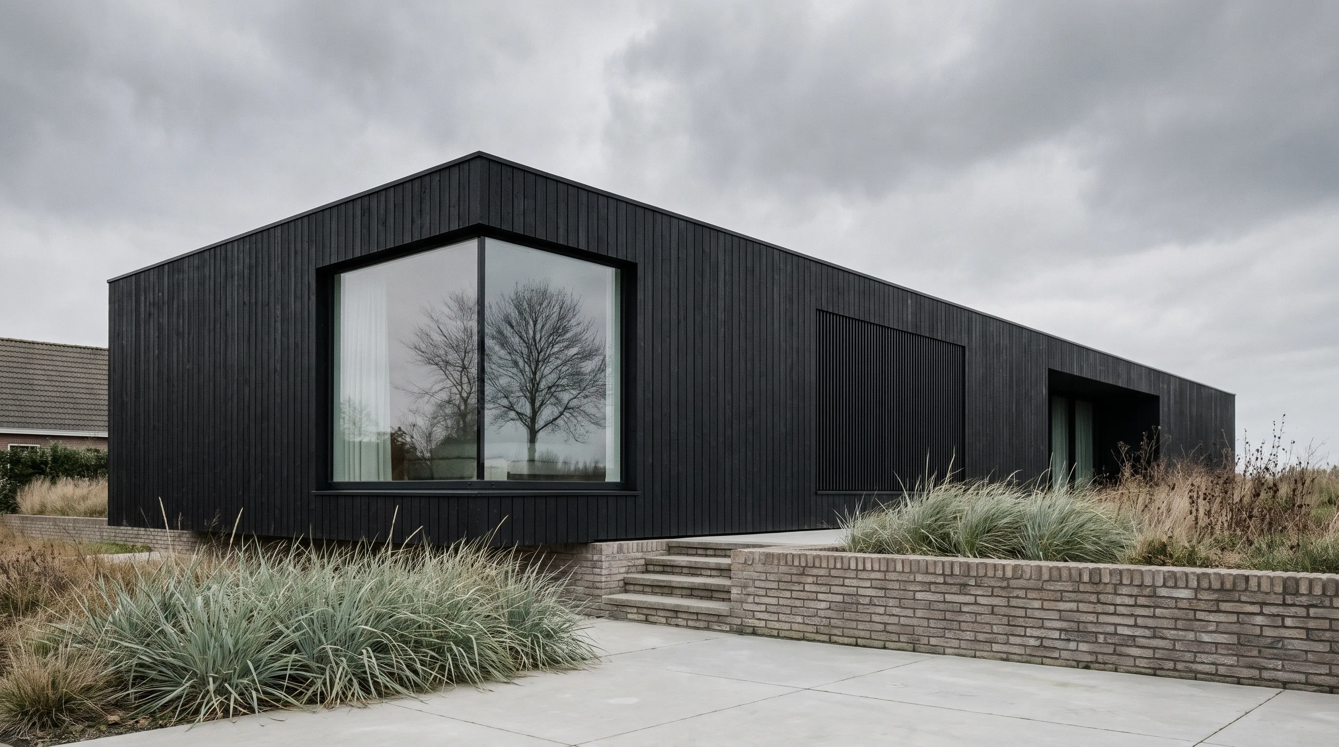 Zwart houten gebouw met groot raam