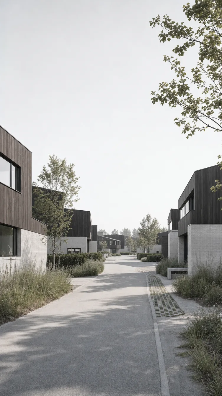 Woonstraat met donkere houten woningen — werkwijze Studio Vorm