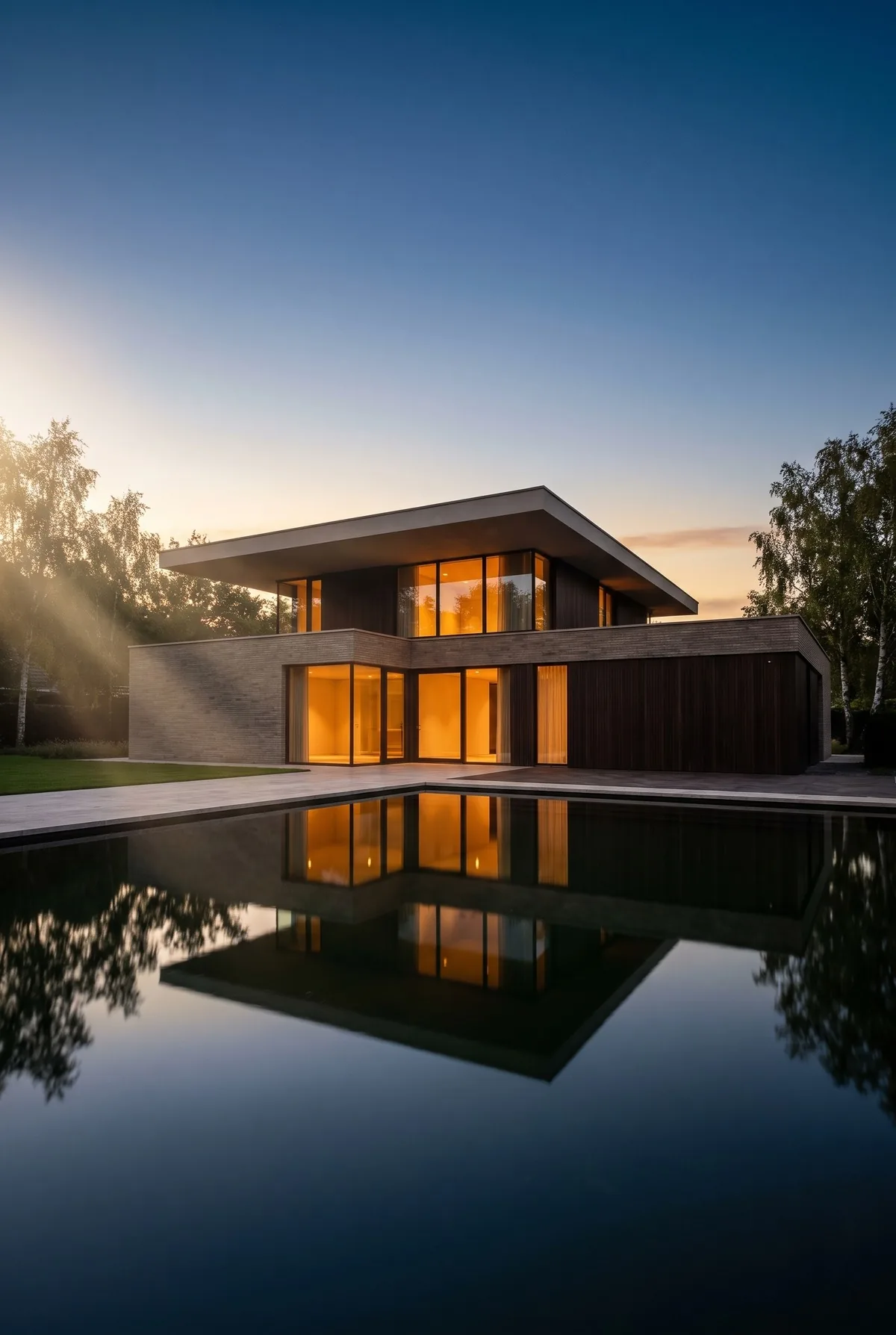 Vrijstaande villa bij schemer met warm verlichte pui en spiegelende vijver